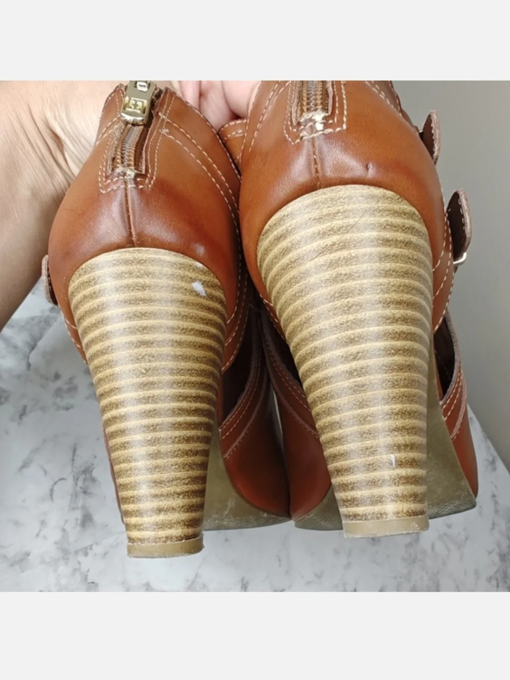 Liz Claiborne Genesis Cognac Peep-Toe Buckle Booties Size 8M